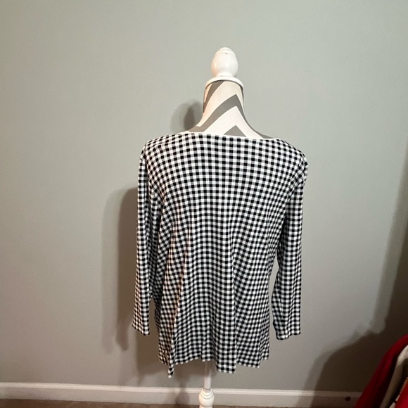 Lands End Sz-M Gingham Long Sleeve Boat Neck Top Black and White Checkered Shirt - Picture 2 of 5